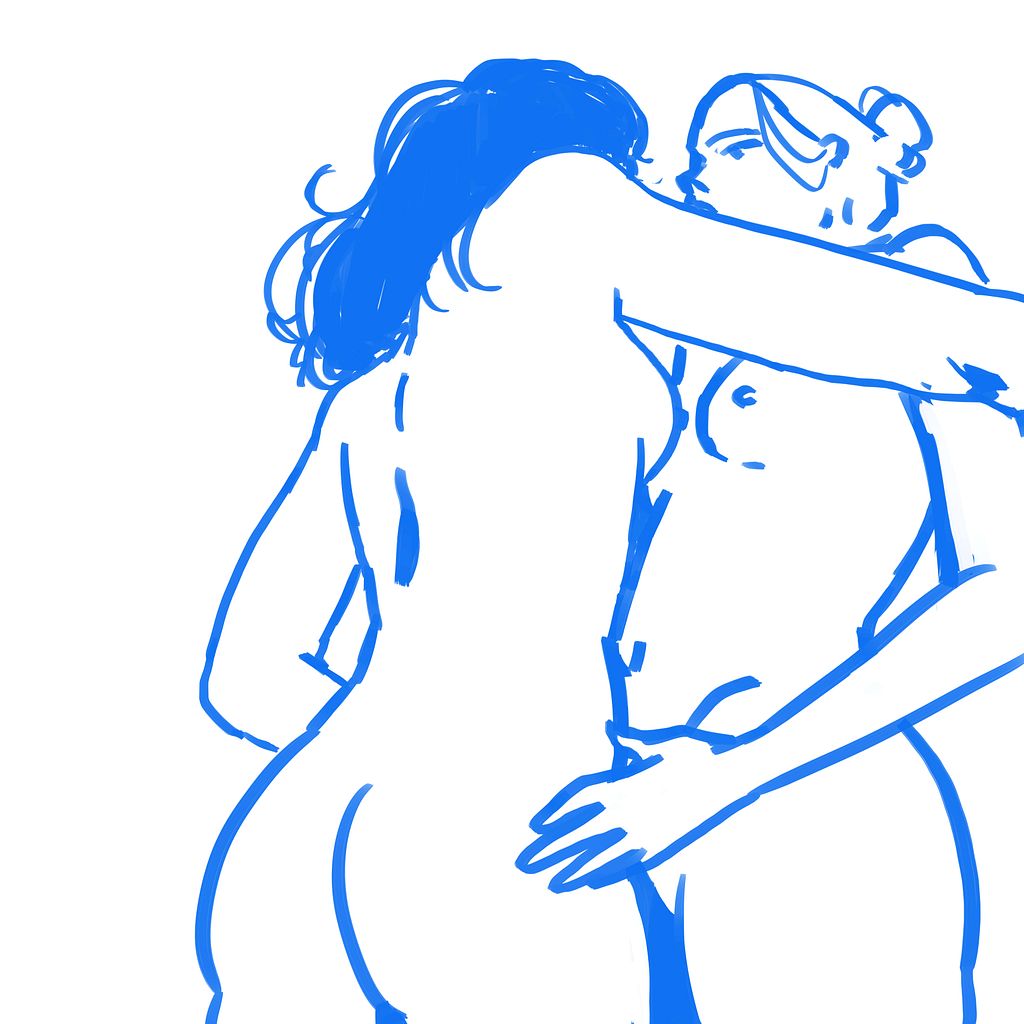 Women hugging in blue